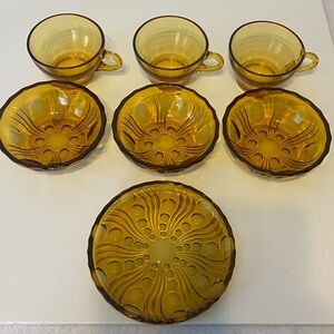 Vintage Collection of Amber Glass-3 Bowls,3 Mugs and 1 Rimmed Plate